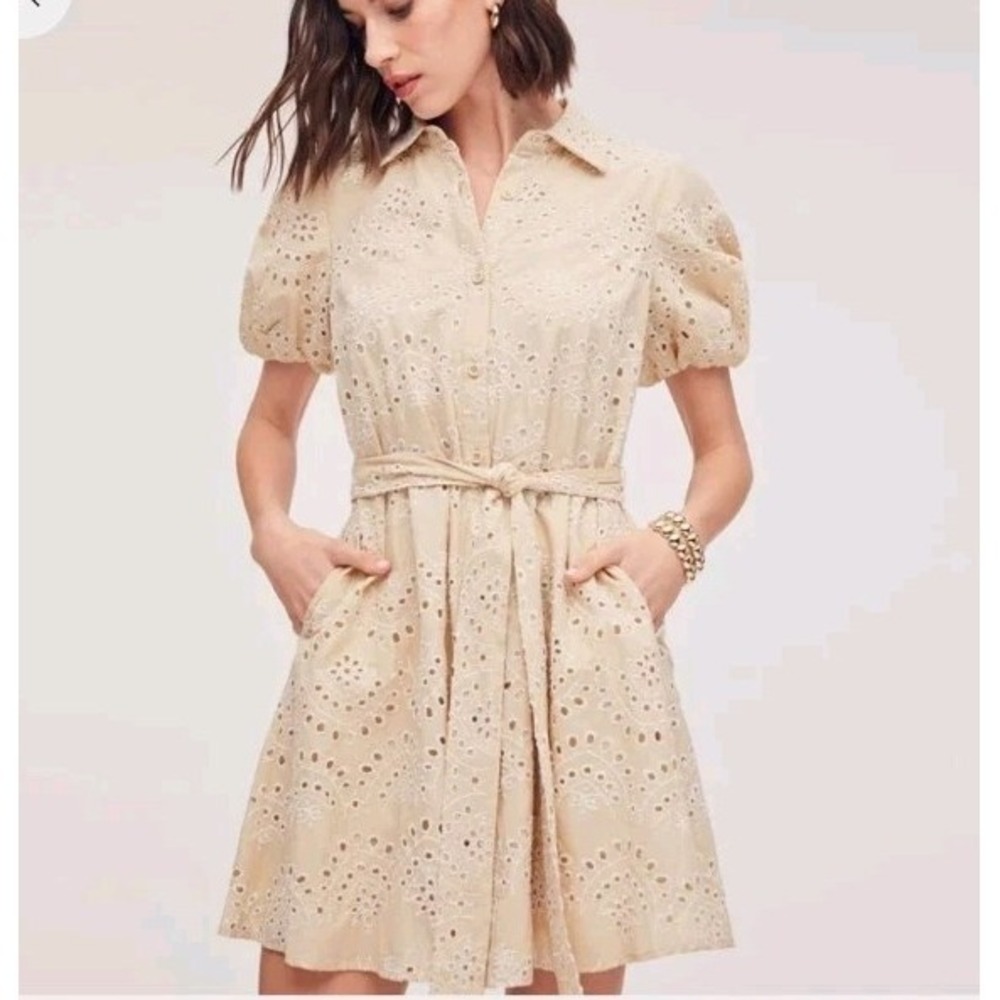 Sam Edelman Dress Womens 8 Natural Eyelet Puffed Balloon Sleeves Lined Belted